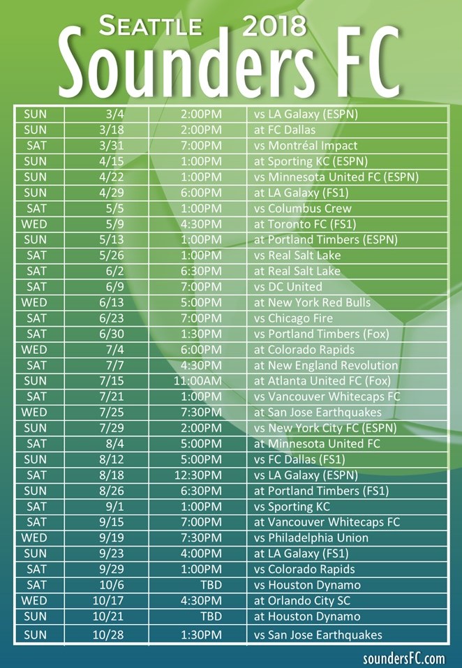 Sounders FC 2018 Schedule