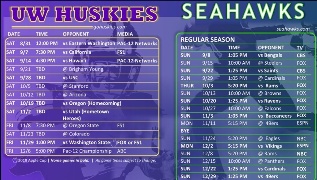 2019 Seahawks and Husky Football Schedules